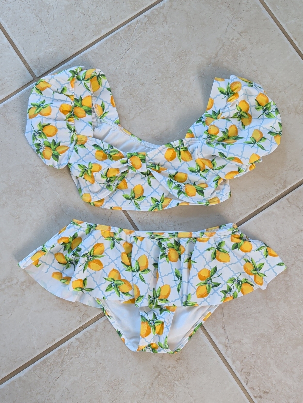 Janie and Jack Girl Size 10 White Lemon Print Two Piece Bikini